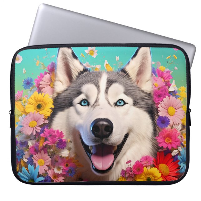 Capa Para Notebook Rouco Cachorro Laptop com Design Floral (Frente)