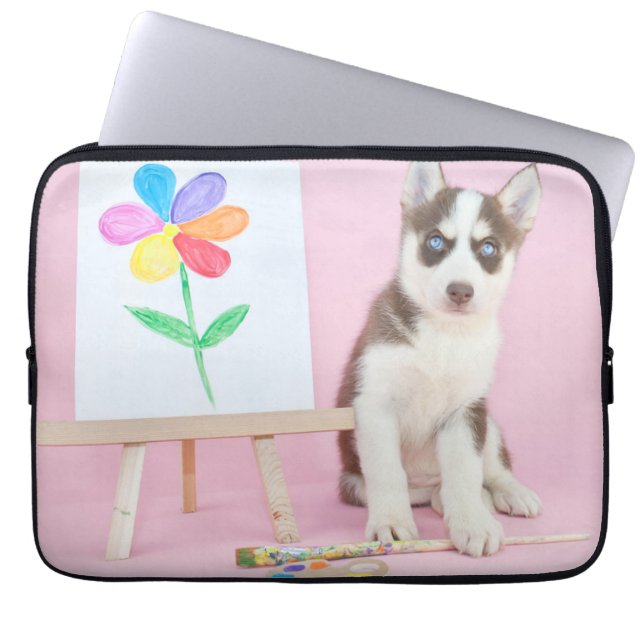 Capa Para Notebook Rouco Puppy Pintando uma ventoinha arco-íris (Frente)