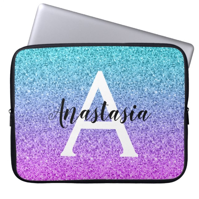 Capa Para Notebook Roxo Glitter Brilho Gradiente Monograma Água (Frente)