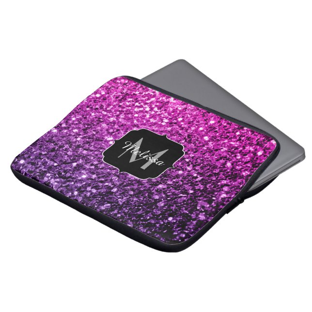 Capa Para Notebook Roxo Rosa Ombre brilho falso faísca Monograma (Frente Topo)