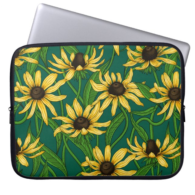 Capa Para Notebook Rudbekia amarela em verde escuro (Frente)