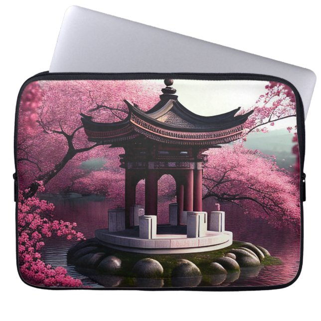 Capa Para Notebook Sakura Cherry Blossom Garden Shrine Pond Japonês (Frente)