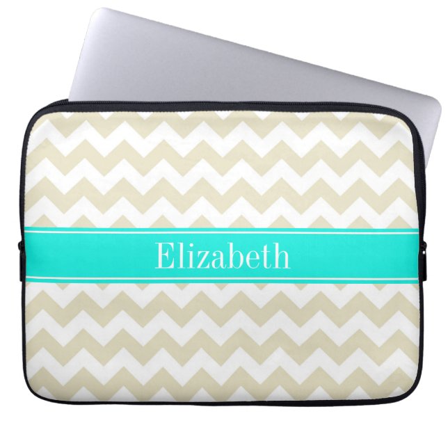 Capa Para Notebook Sand Beige White Chevron Bright Aqua Name Monogram (Frente)