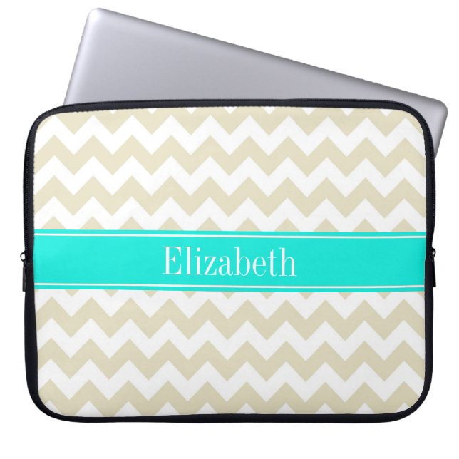 Capa Para Notebook Sand Beige White Chevron Bright Aqua Name Monogram (Frente)