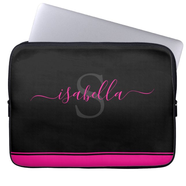 Capa Para Notebook Script Preto Rosa Quente Monograma (Frente)