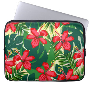 Capa Para Notebook Selva colorida tropical hibiscus vermelha e verde