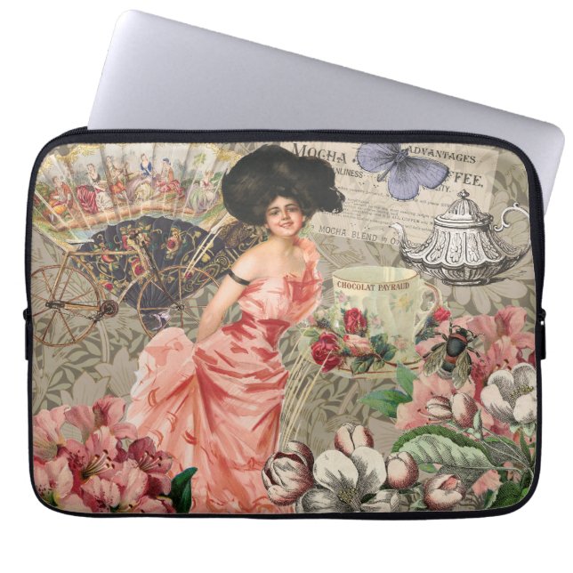 Capa Para Notebook Senhora Café Mulher Vitoriana Rosa Vestido Rico (Frente)