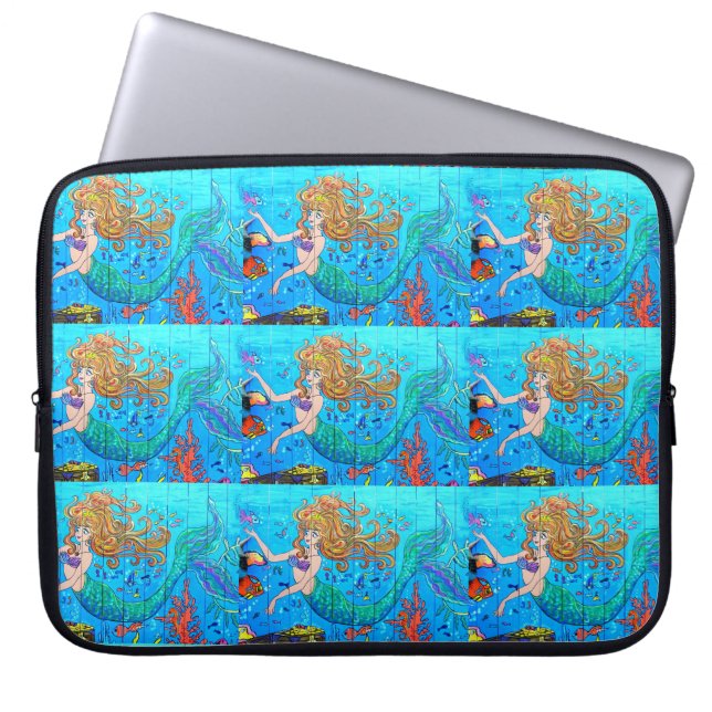 Capa Para Notebook sereias vermelhas na manga azul (Frente)