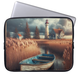 Capa Para Notebook Serenidade Costeira: Farol e Rowboat