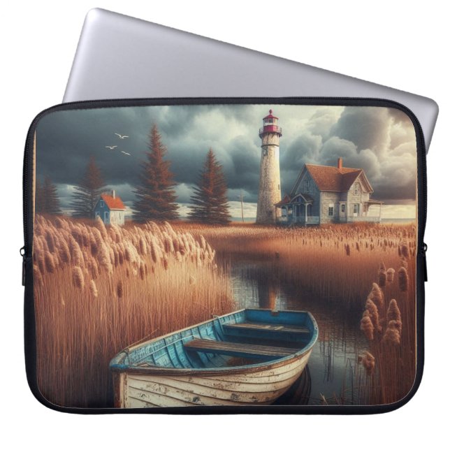Capa Para Notebook Serenidade Costeira: Farol e Rowboat (Frente)