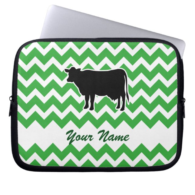 Capa Para Notebook Silhueta de Vaca com Padrão de Chevron Verde (Frente)