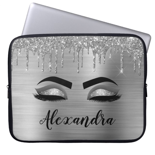 Capa Para Notebook Silver Glitter Sparkle Eyelashes Monograma (Frente)