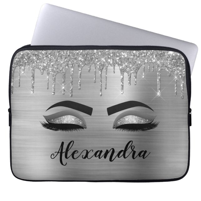 Capa Para Notebook Silver Glitter Sparkle Eyelashes Monograma (Frente)