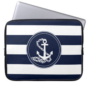 Capa Para Notebook Símbolo de Âncora Belo - Stripes Azul e Branco