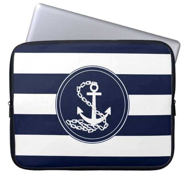 Capa Para Notebook Símbolo de Âncora Belo - Stripes Azul e Branco (Frente)