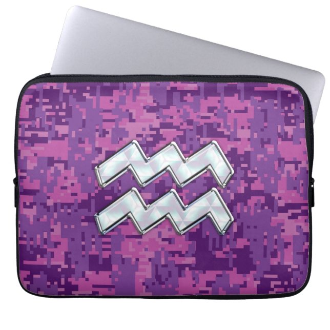 Capa Para Notebook Símbolo de Aquarius no camo digital rosa da fúchsi (Frente)