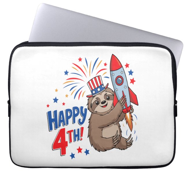Capa Para Notebook Sloth Happy 4th Rocket Fireworks EUA (Frente)