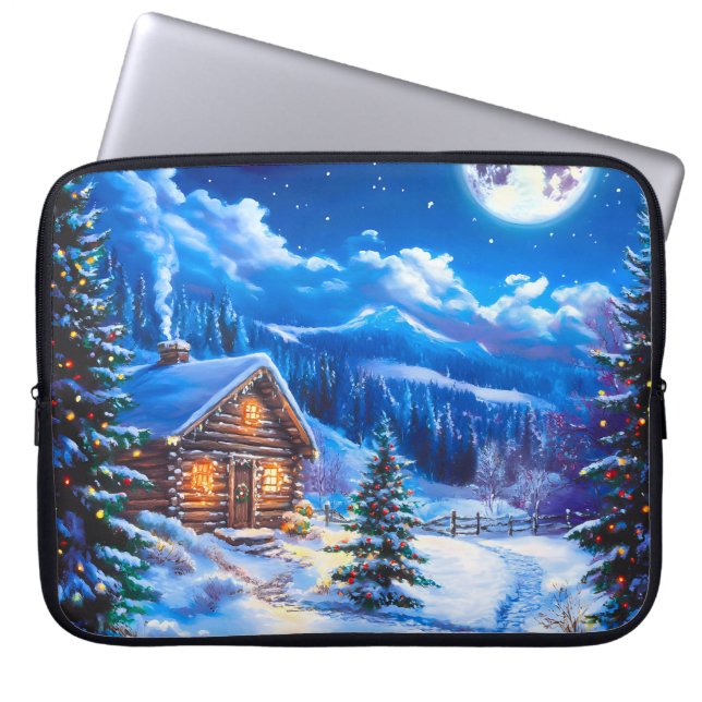 Capa Para Notebook Snowy Winter Christmas Moon Night Cabin (Frente)