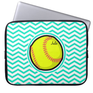 Capa Para Notebook Softball; Aqua Green Chevron