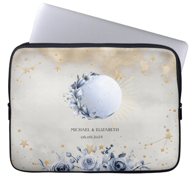 Capa Para Notebook Sol Celestial,Flores da Lua Azul,Céu Noturno Estre (Frente)