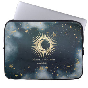 Capa Para Notebook Sol Dourado Celestial,Lua,Estrelas Céu Noturno