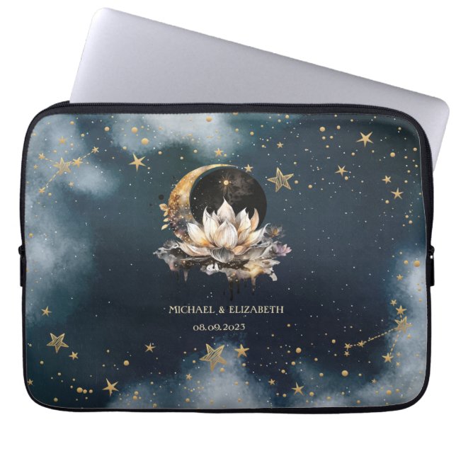 Capa Para Notebook Sol Dourado Celestial,Lua,Estrelas Lotus Night Sky (Frente)