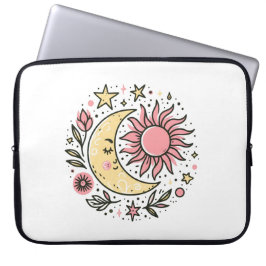Capa Para Notebook Sol Lua Floral Cor-de-Rosa Amarelo-Amarelo Astroló