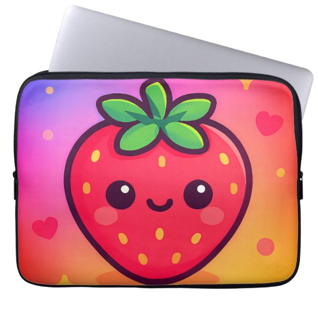 Capa Para Notebook Sorrindo Kawaii Strawberry no moinho de gradiente  (Frente)