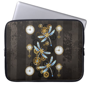 Capa Para Notebook Steampunk Dragonflies on brown striped background