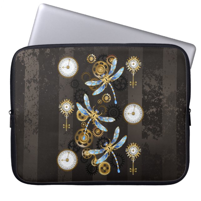 Capa Para Notebook Steampunk Dragonflies on brown striped background (Frente)