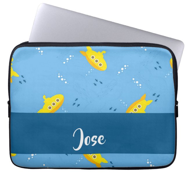 Capa Para Notebook Submarino amarelo e peixe em azul (Frente)