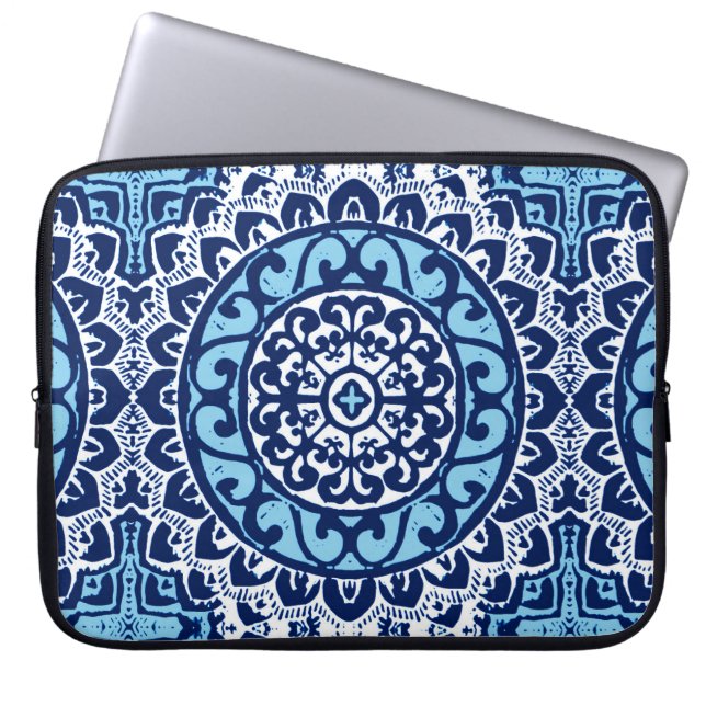 Capa Para Notebook Sudoeste do Sol Mandala Batik, Marinho Azul e Bran (Frente)