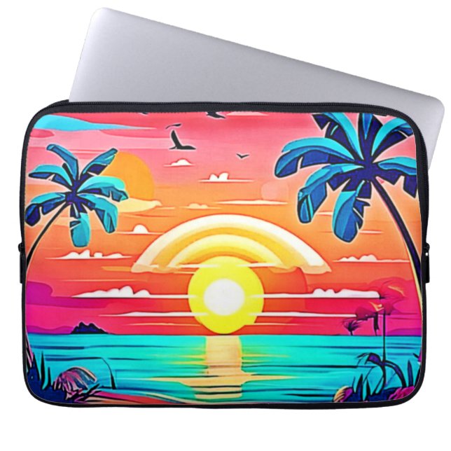 Capa Para Notebook Sunset de praia tropical com arco-íris (Frente)