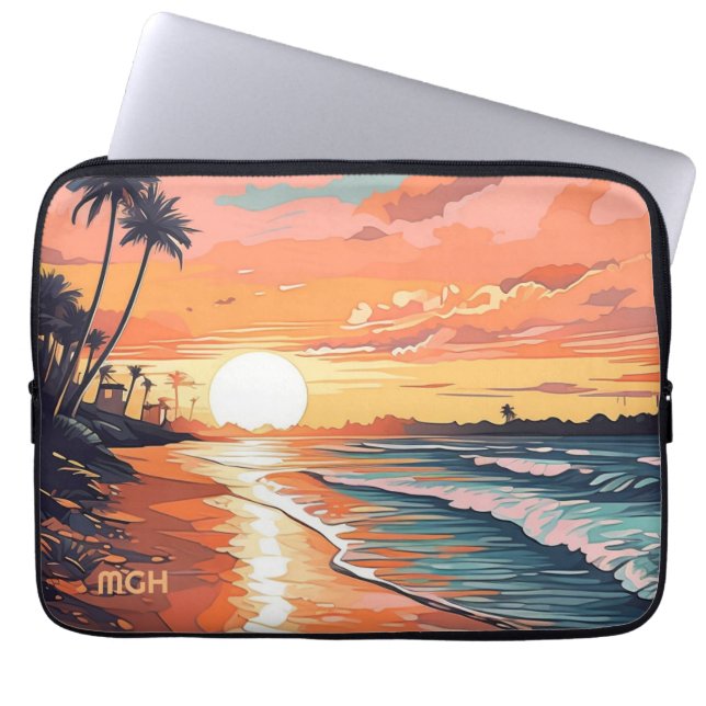 Capa Para Notebook Sunset Tropical Beach do Monograma personalizado (Frente)