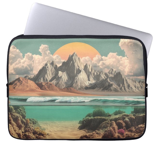 Capa Para Notebook Surreal Ocean and Mountain Landscape with Waves (Frente)
