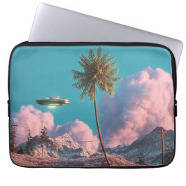 Capa Para Notebook Surreal UFO and Palm Tree Mountain Scene