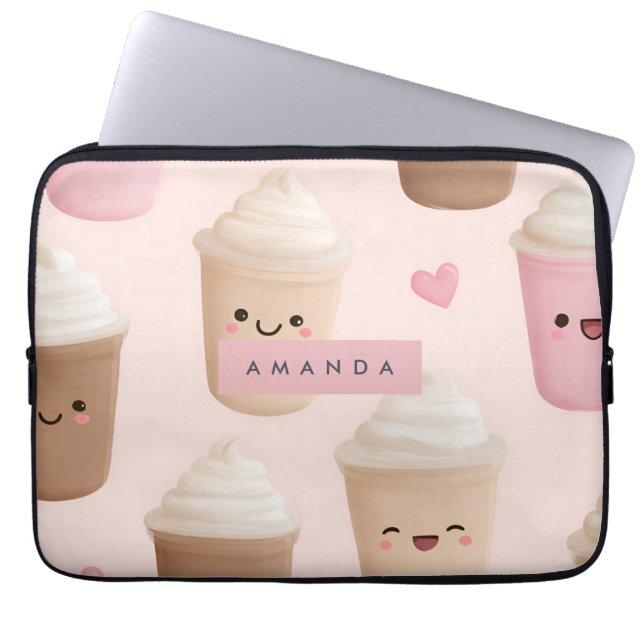 Capa Para Notebook Taça de café Kawaii, rosa-branca personalizada (Frente)