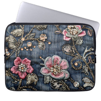 Capa Para Notebook Tapeçaria Floral Rosa no Negro Azul Denim
