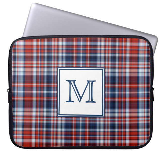 Capa Para Notebook Tartan branco e azul vermelho Monogrammed (Frente)