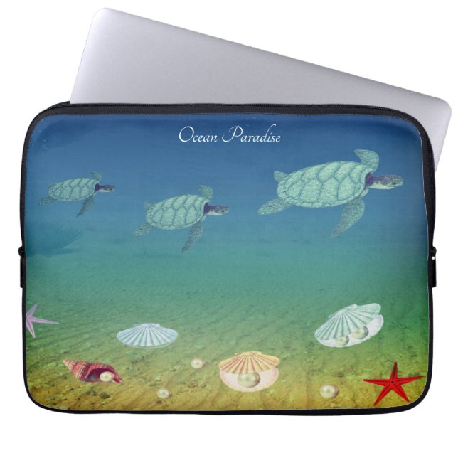 Capa Para Notebook Tartarugas marinhas nadando, conchas e pérolas (Frente)