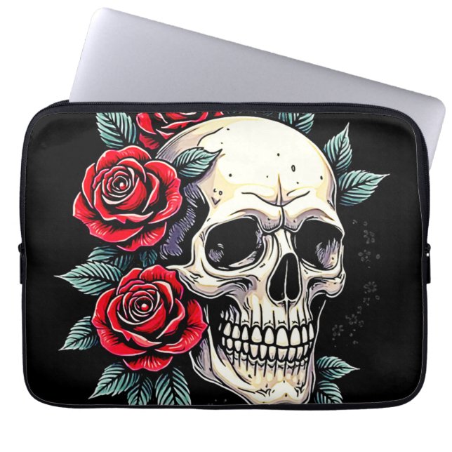 Capa Para Notebook Tatuagem de Rosas do crânio (Frente)