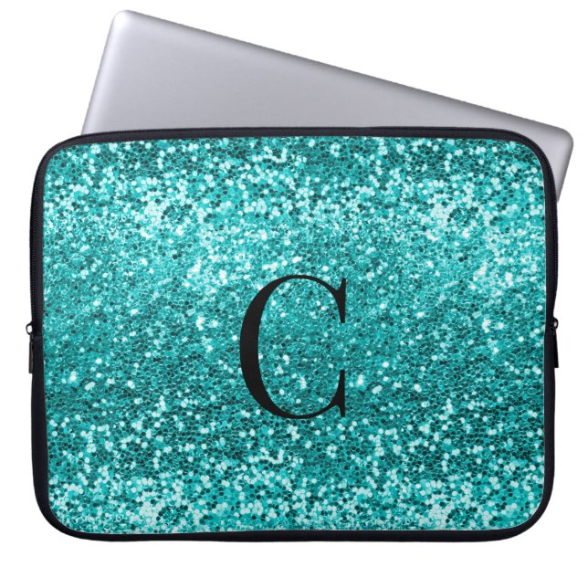 Capa Para Notebook Teal Aqua Turquoise Glitter Sparkle Monograma (Frente)