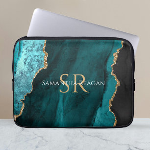 Capa Para Notebook Teal, Black and Gold Agate, DIY Name & Monogram