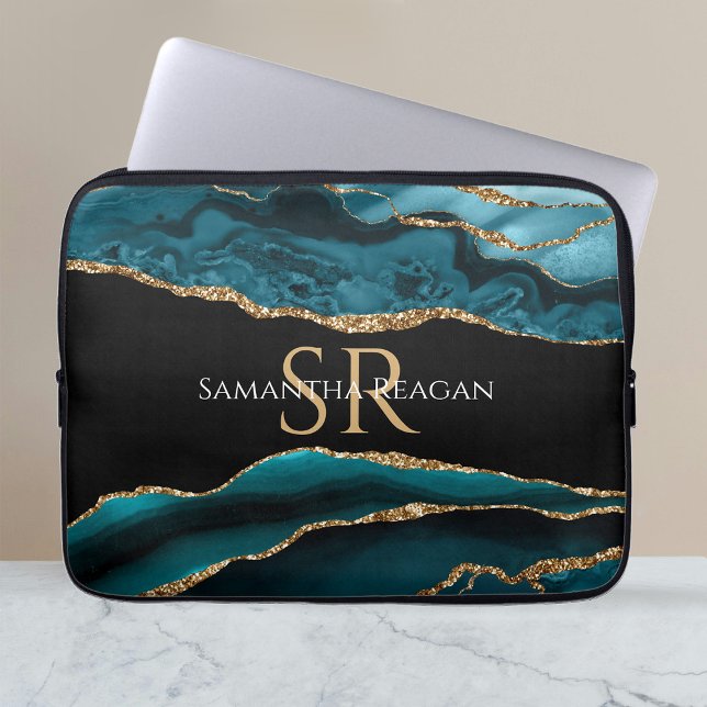 Capa Para Notebook Teal Black e Dourado Agate, DIY Name & Monograma V (Criador carregado)
