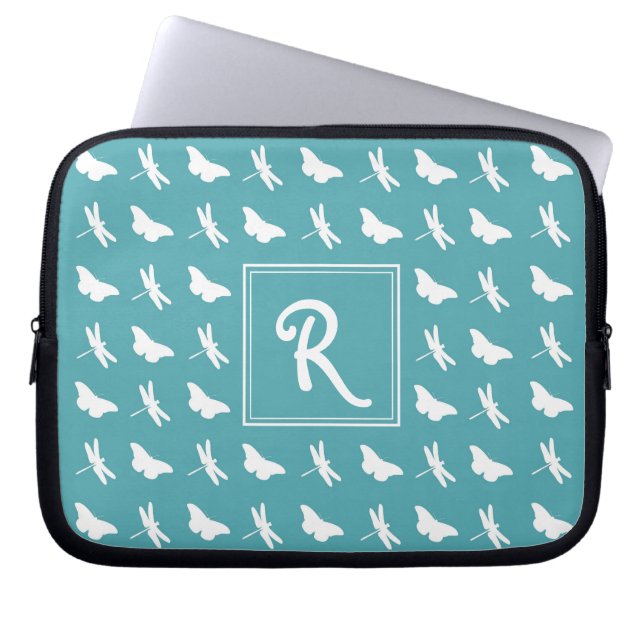 Capa Para Notebook Teal Butterfly and Dragonfly Pattern Monogram (Frente)