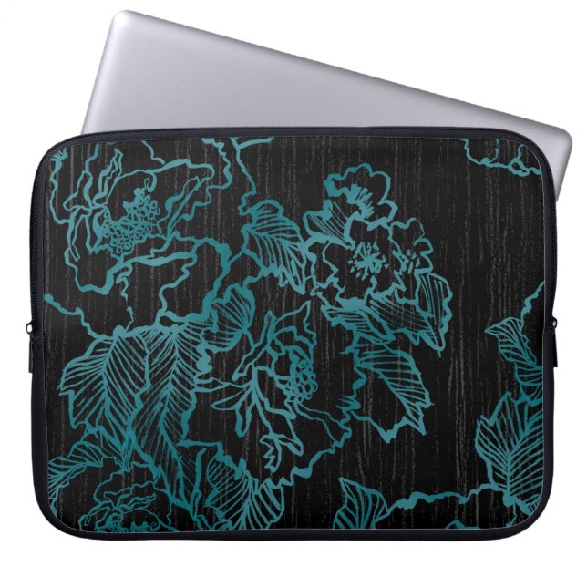 Capa Para Notebook Teal Peonies em Preto Elegante (Frente)