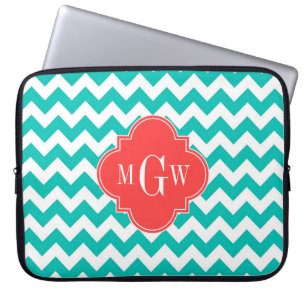 Capa Para Notebook Teal White Chevron Coral Quatrefoil 3 Monograma