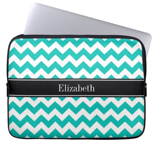 Capa Para Notebook Teal White Chevron ZigZag Black Name Monograma (Frente)