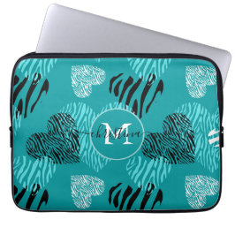 Capa Para Notebook Teal White Zebra Print Hearts Monograma