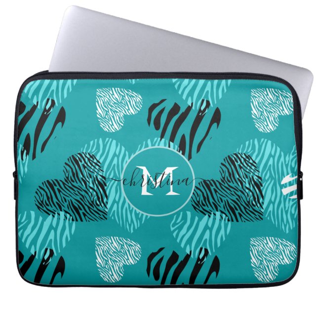 Capa Para Notebook Teal White Zebra Print Hearts Monograma (Frente)